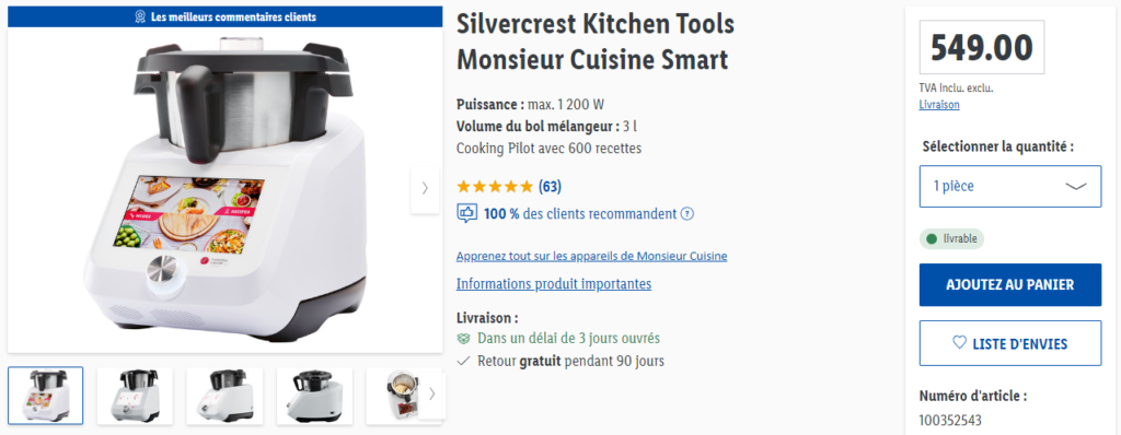 El nuevo robot de cocina de Lidl ya se puede reservar 3 Captura de pantalla de la web oficial de Lidl de Bélgica en la que se puede comprar el robot de cocina de Lidl